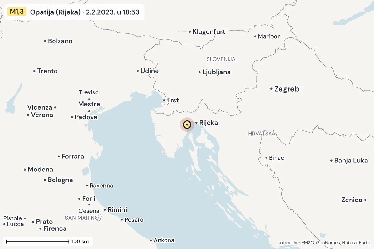 Karta: šire područje, 600 km, potres M1,3, Opatija (Rijeka), 2.2.2023.