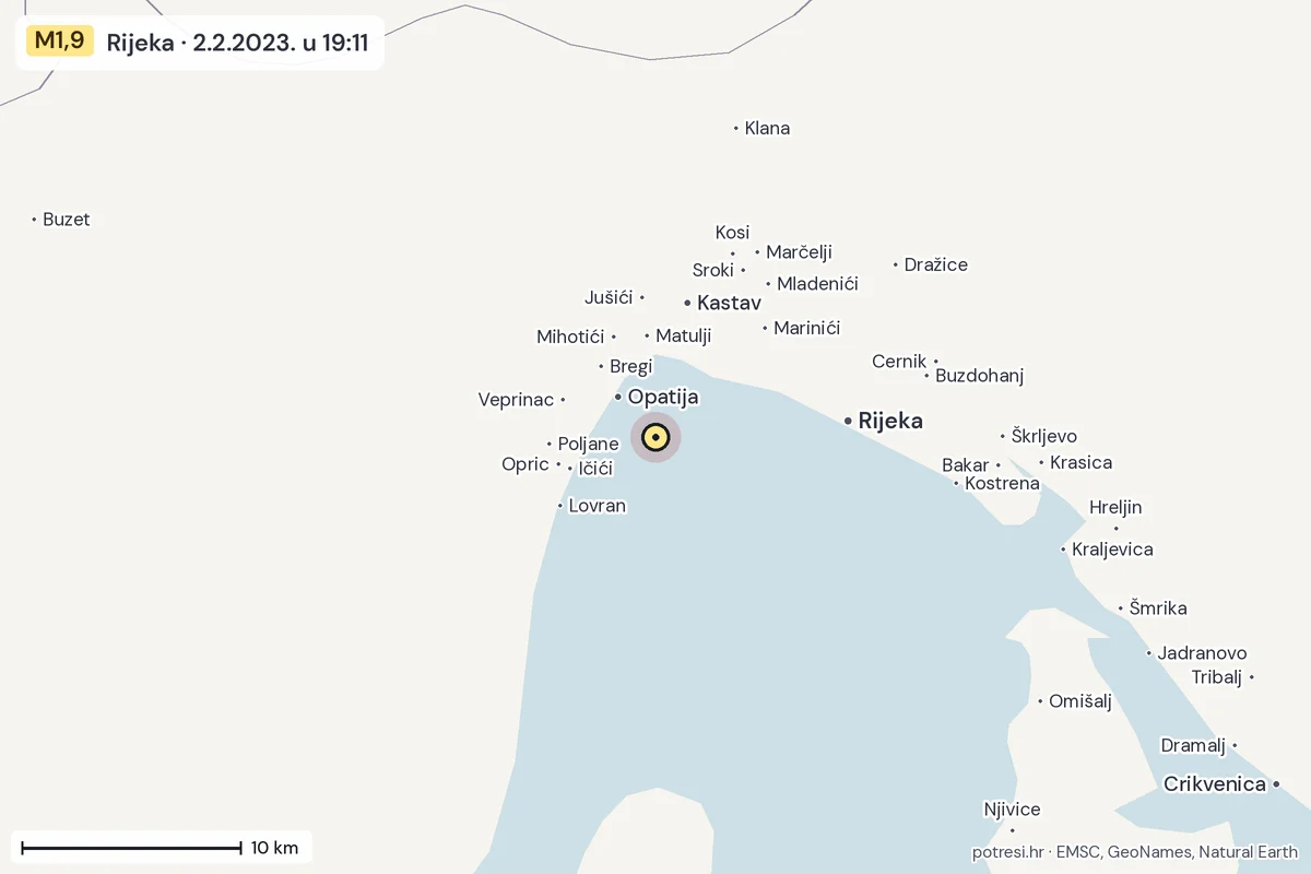 Karta: okolica epicentra, 60 km, potres M1,9, Rijeka, 2.2.2023.