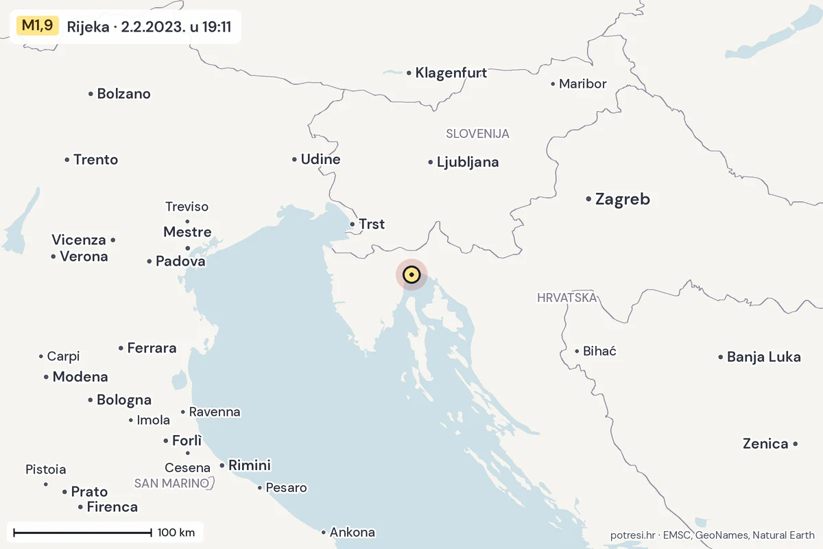 Karta: šire područje, 600 km, potres M1,9, Rijeka, 2.2.2023.