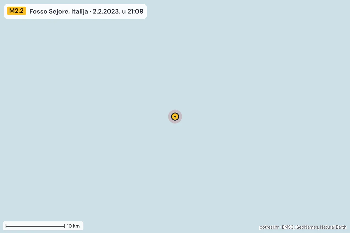 Karta: okolica epicentra, 60 km, potres M2,2, Fosso Sejore, Italija, 2.2.2023.
