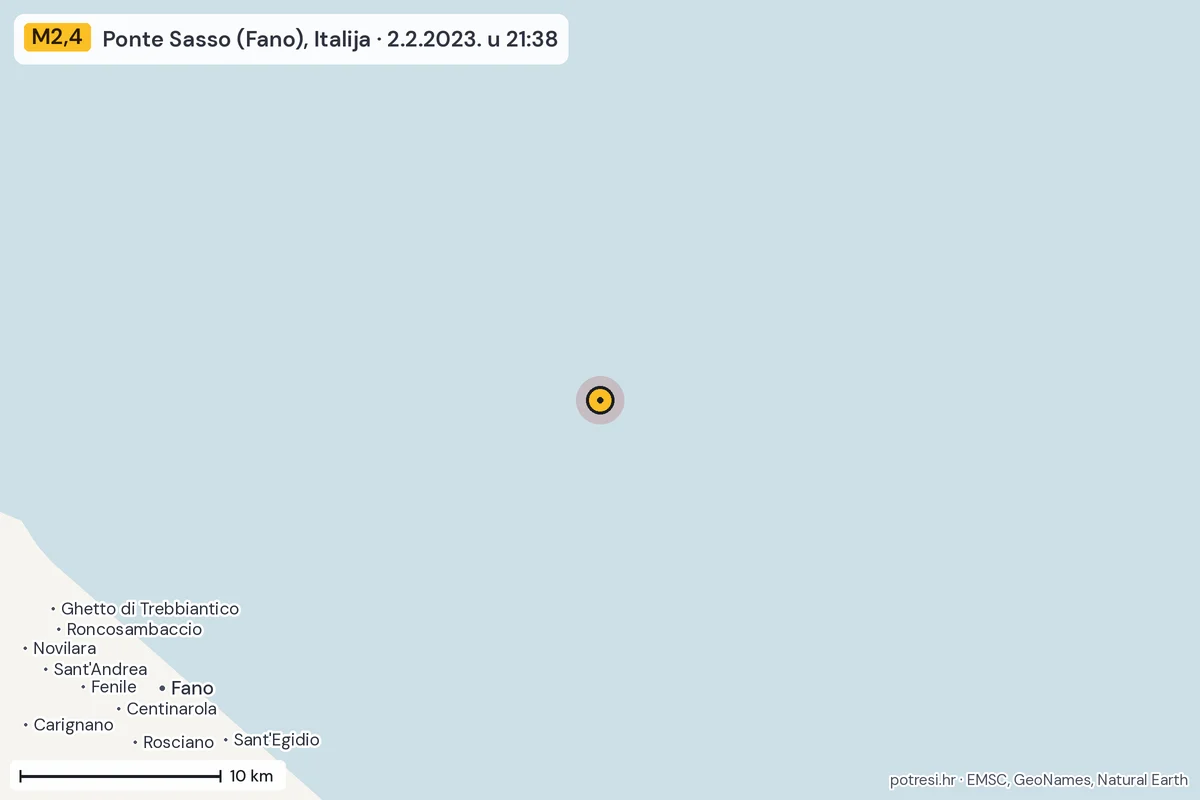 Karta: okolica epicentra, 60 km, potres M2,4, Ponte Sasso (Fano), Italija, 2.2.2023.