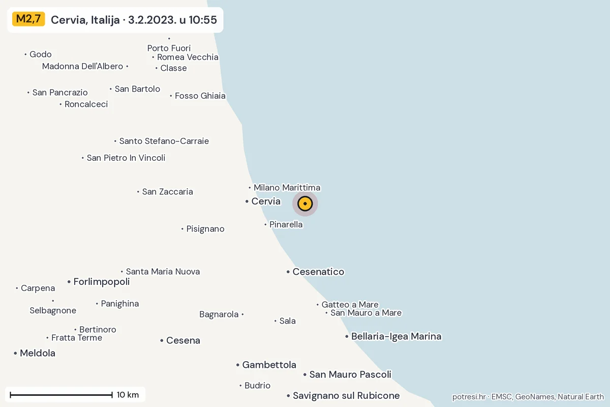 Karta: okolica epicentra, 60 km, potres M2,7, Cervia, Italija, 3.2.2023.