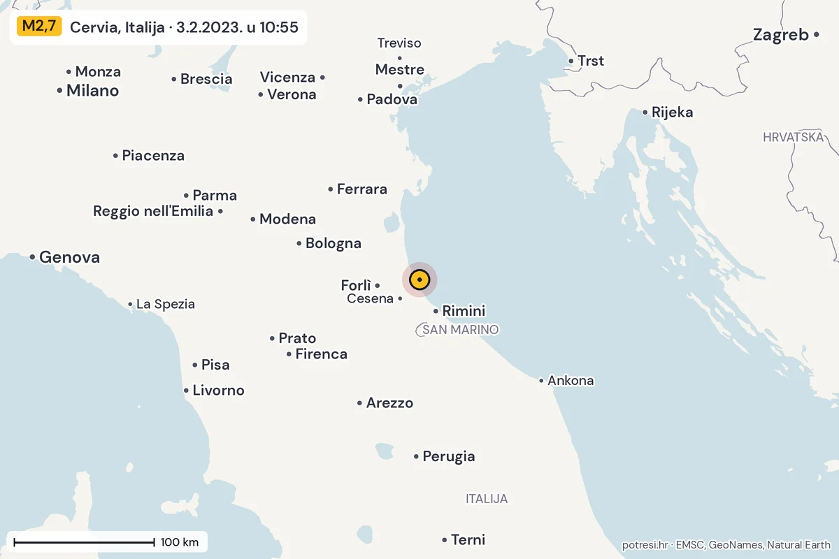 Karta: šire područje, 600 km, potres M2,7, Cervia, Italija, 3.2.2023.