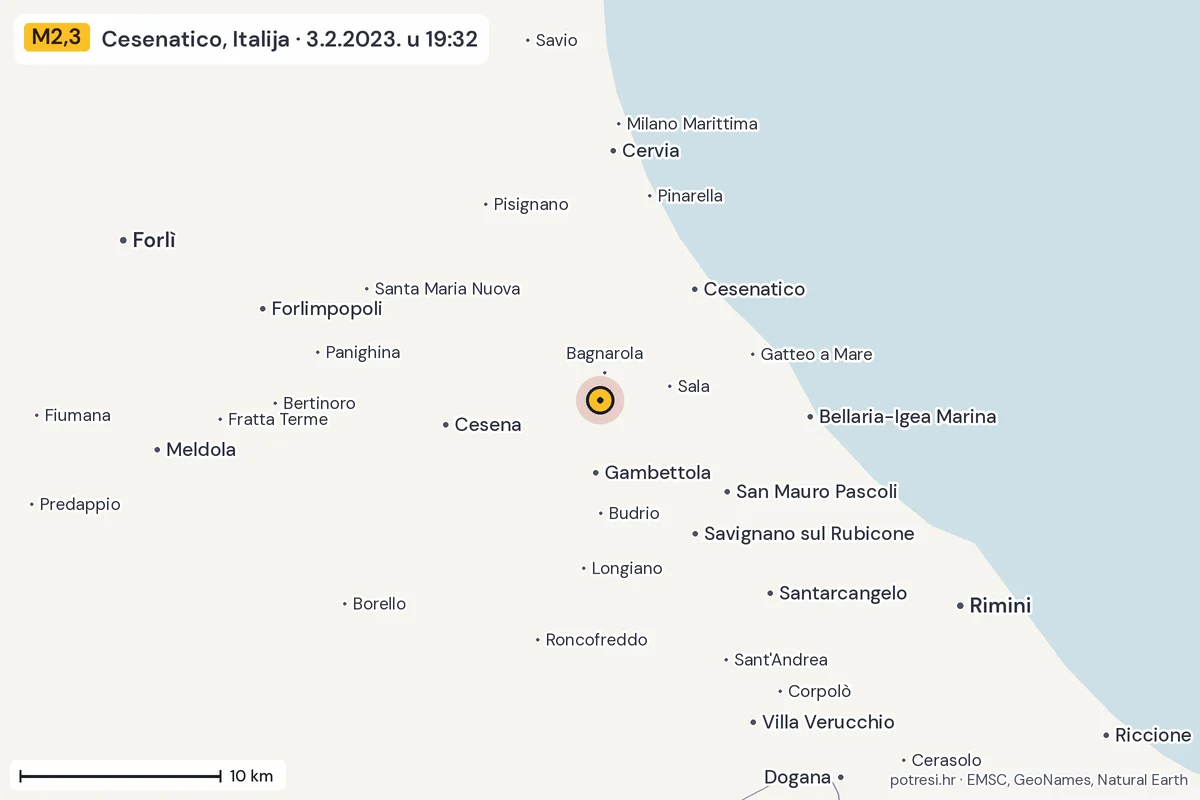 Karta: okolica epicentra, 60 km, potres M2,3, Cesenatico, Italija, 3.2.2023.