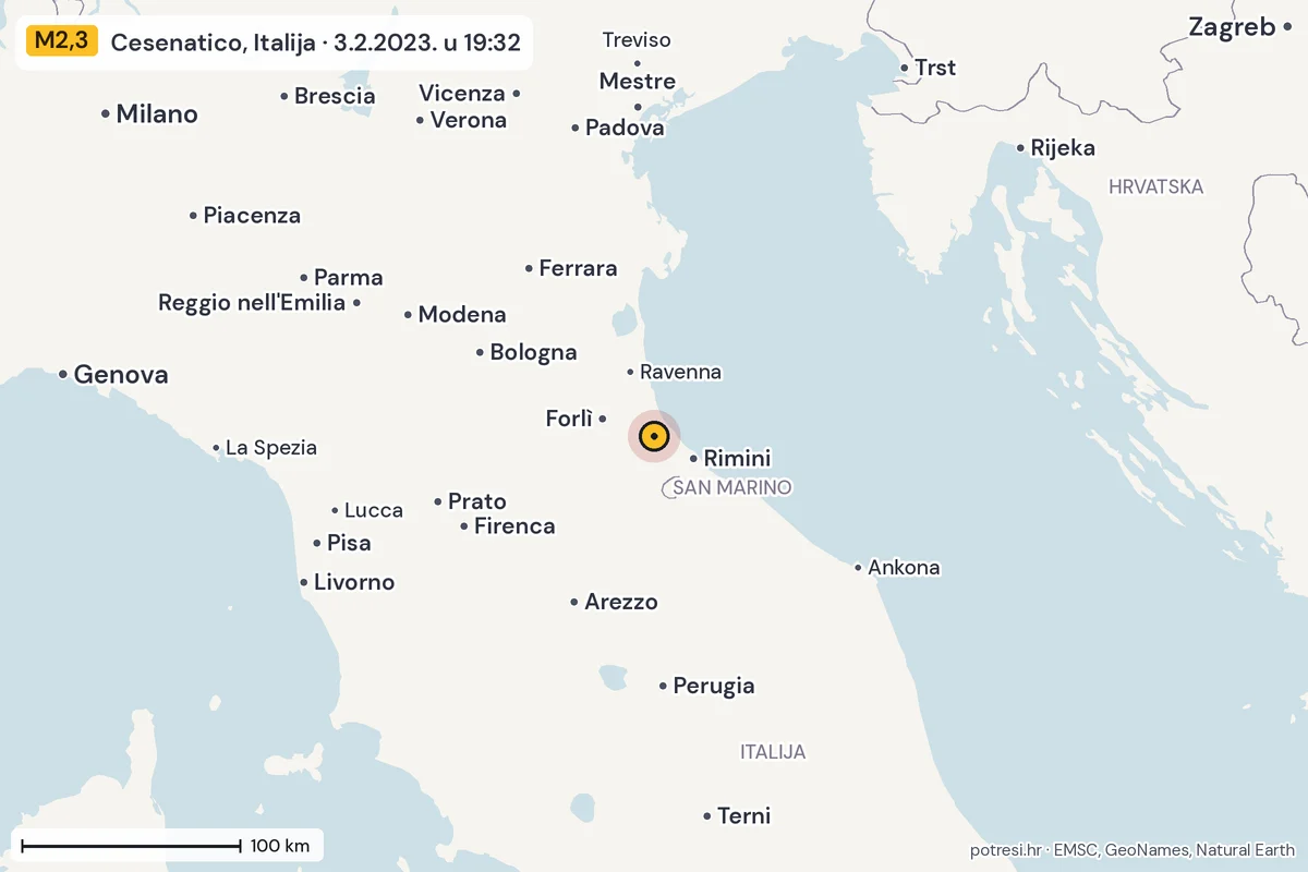 Karta: šire područje, 600 km, potres M2,3, Cesenatico, Italija, 3.2.2023.