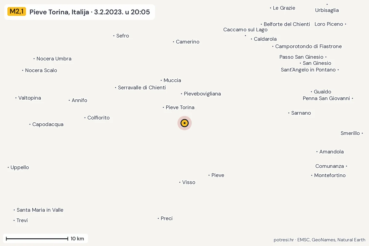Karta: okolica epicentra, 60 km, potres M2,1, Pieve Torina, Italija, 3.2.2023.
