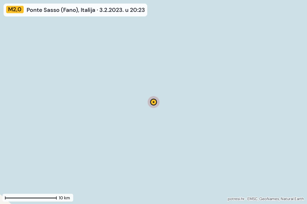 Karta: okolica epicentra, 60 km, potres M2,0, Ponte Sasso (Fano), Italija, 3.2.2023.