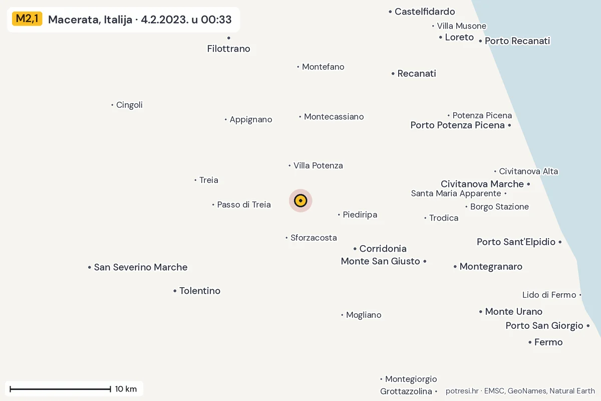 Karta: okolica epicentra, 60 km, potres M2,1, Macerata, Italija, 4.2.2023.