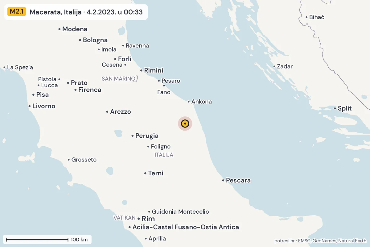 Karta: šire područje, 600 km, potres M2,1, Macerata, Italija, 4.2.2023.
