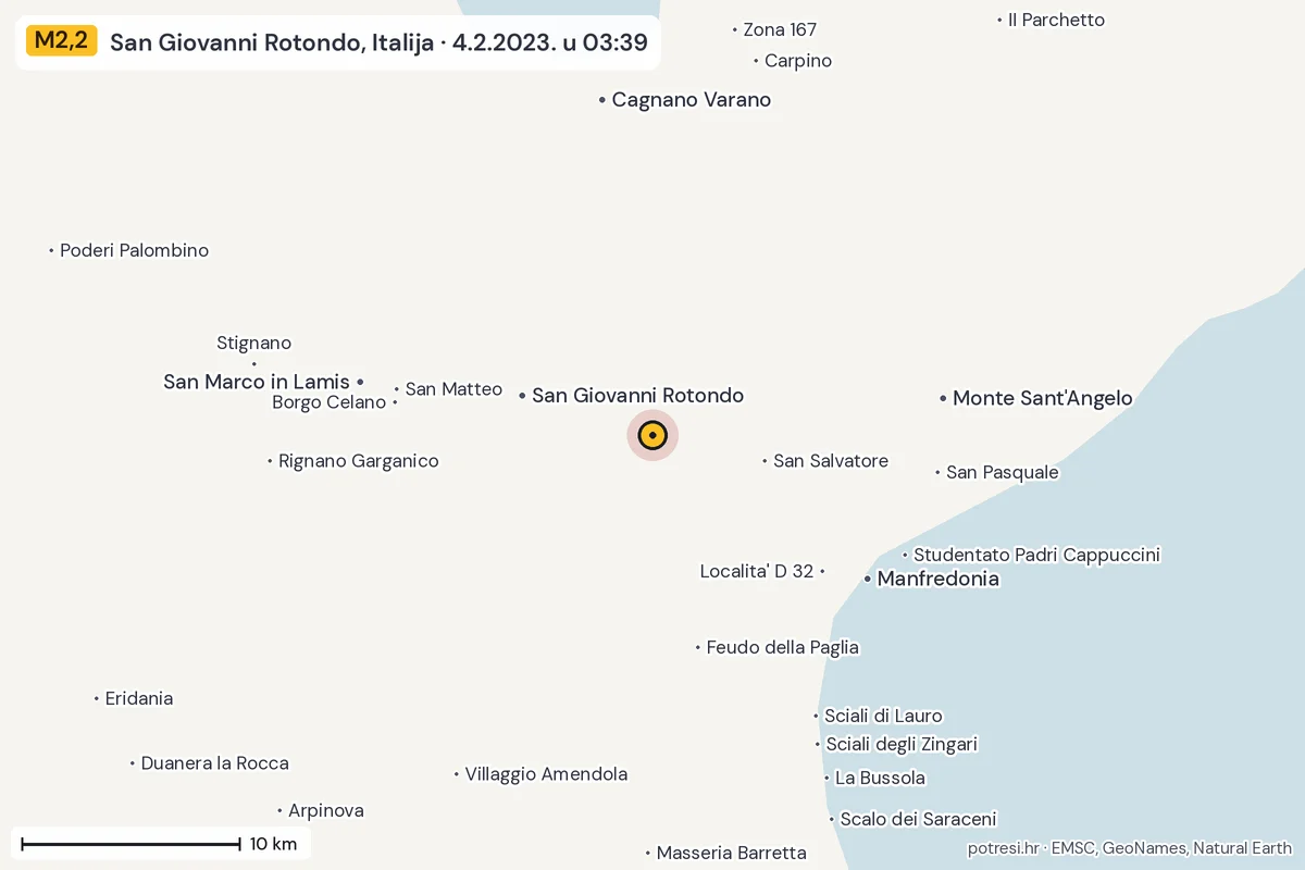 Karta: okolica epicentra, 60 km, potres M2,2, San Giovanni Rotondo, Italija, 4.2.2023.
