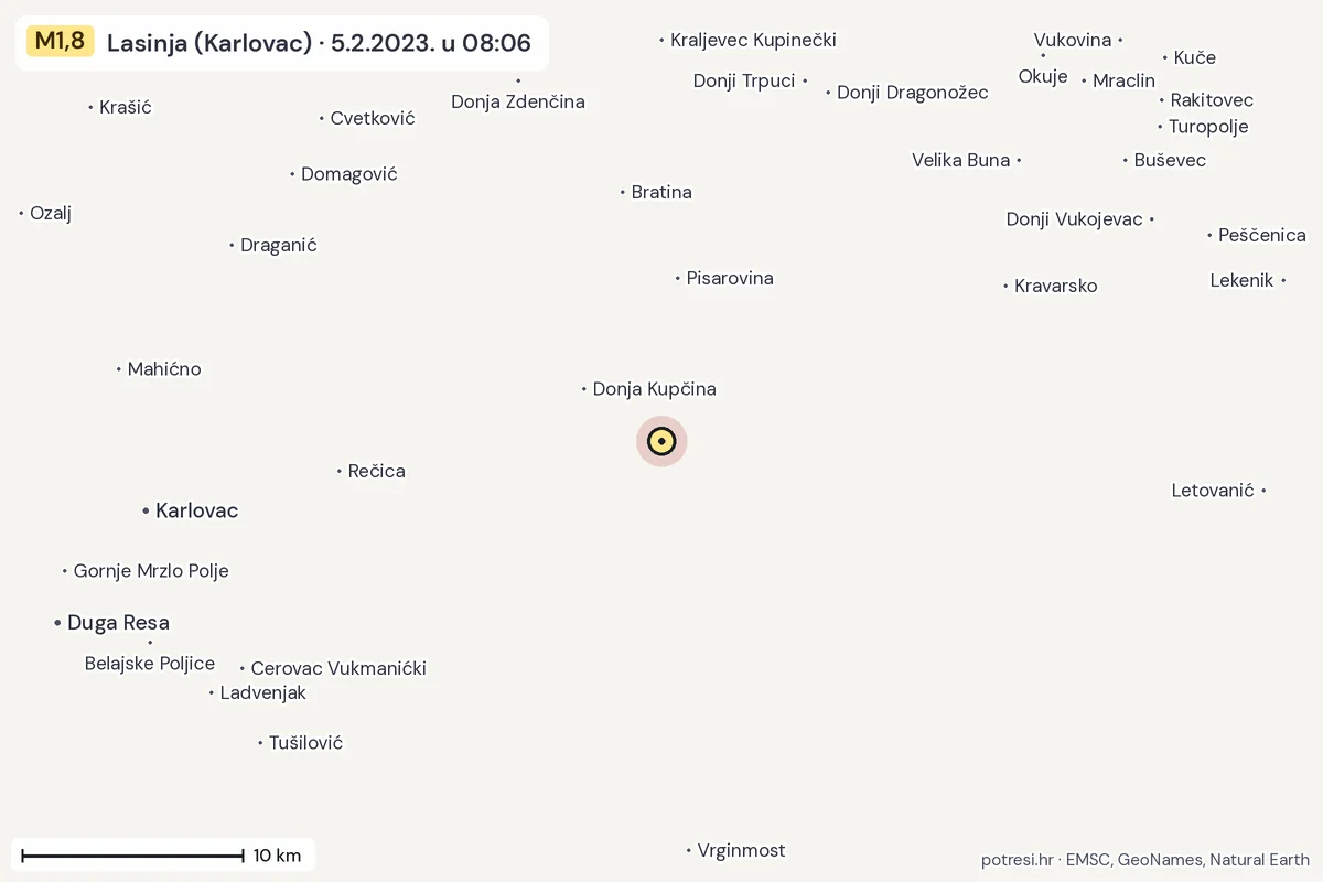 Karta: okolica epicentra, 60 km, potres M1,8, Lasinja (Karlovac), 5.2.2023.