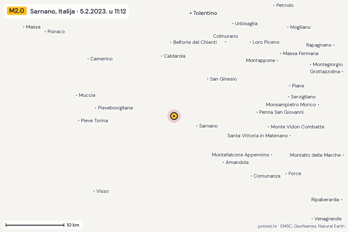 Karta: okolica epicentra, 60 km, potres M2,0, Sarnano, Italija, 5.2.2023.