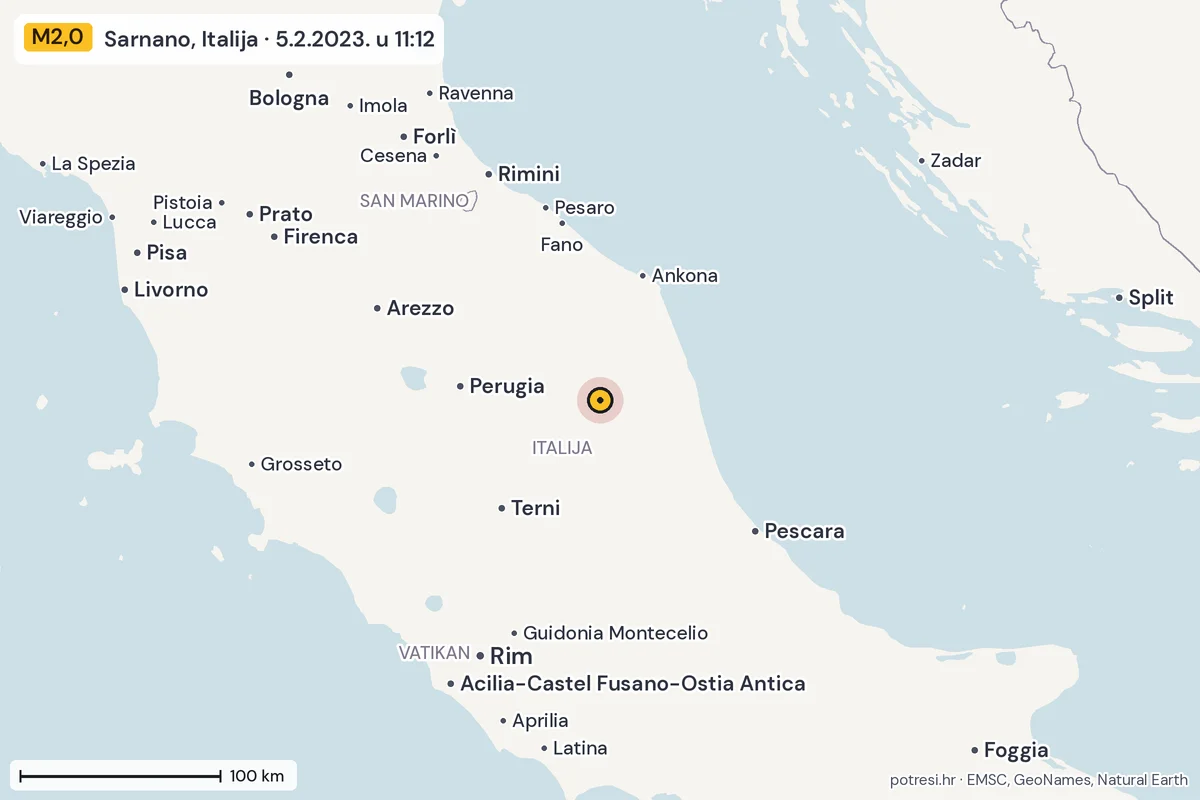 Karta: šire područje, 600 km, potres M2,0, Sarnano, Italija, 5.2.2023.