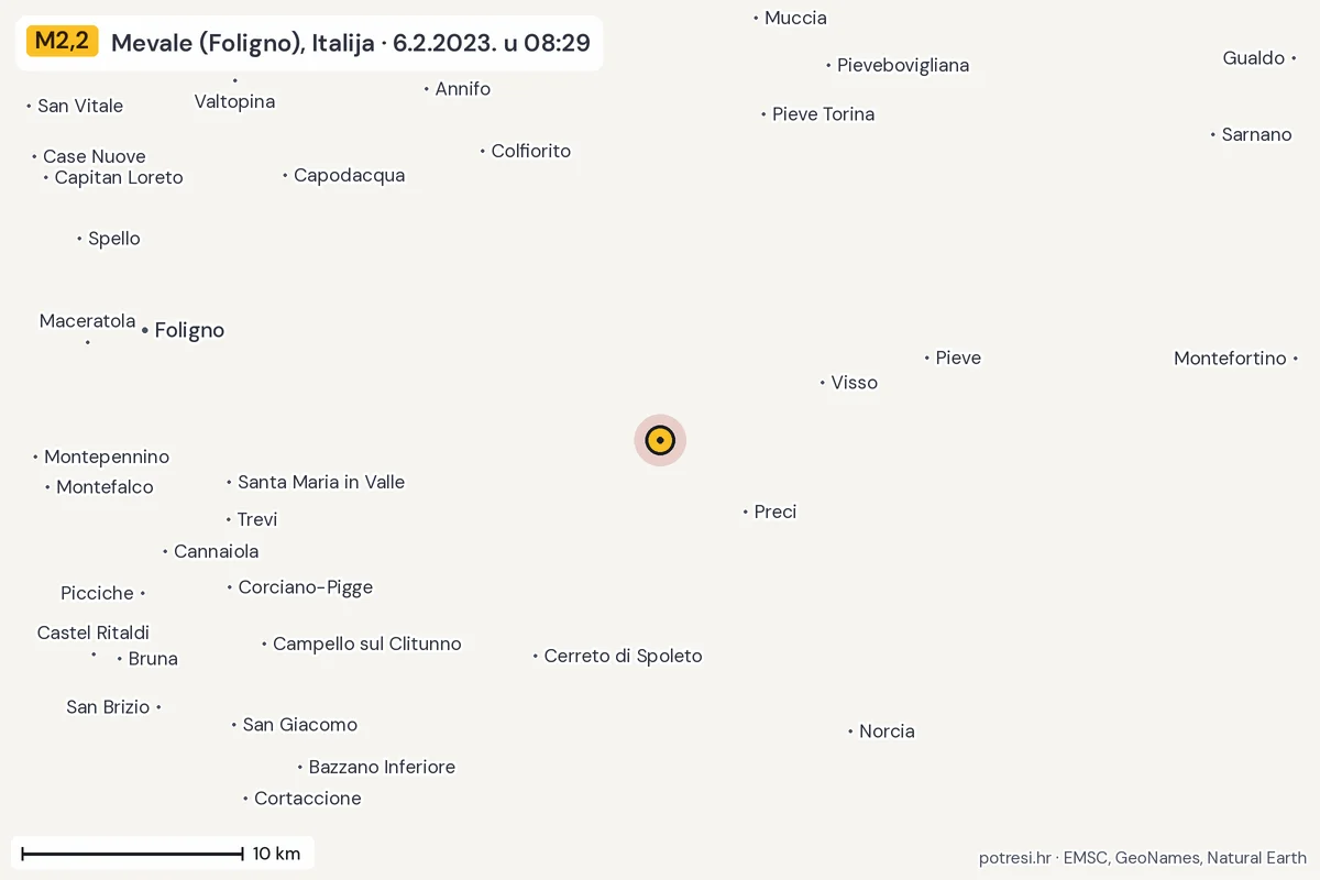 Karta: okolica epicentra, 60 km, potres M2,2, Mevale (Foligno), Italija, 6.2.2023.