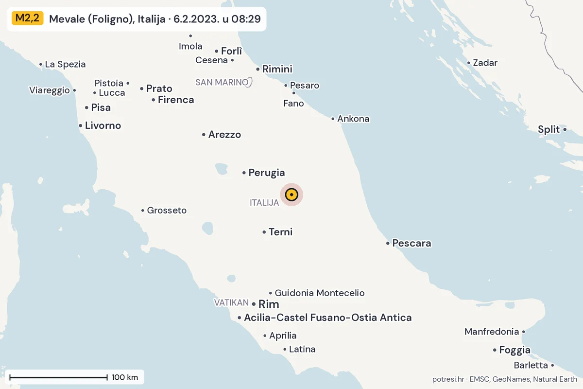 Karta: šire područje, 600 km, potres M2,2, Mevale (Foligno), Italija, 6.2.2023.