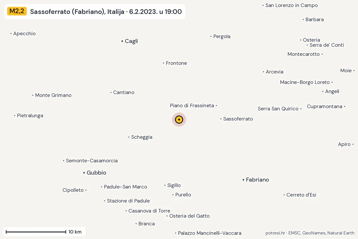 Karta: okolica epicentra, 60 km, potres M2,2, Sassoferrato (Fabriano), Italija, 6.2.2023.
