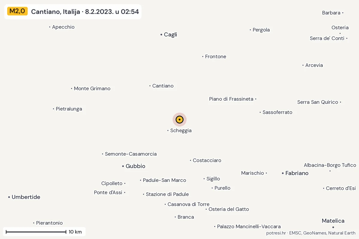 Karta: okolica epicentra, 60 km, potres M2,0, Cantiano, Italija, 8.2.2023.