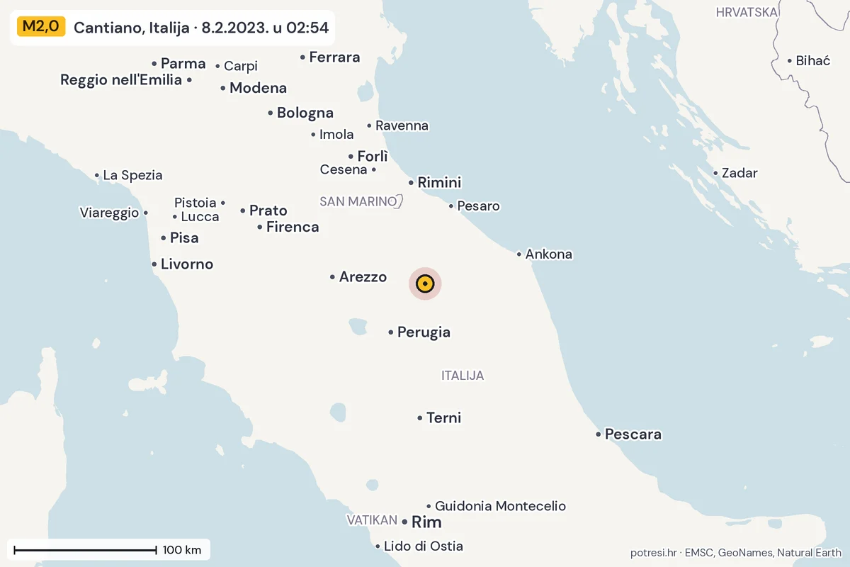 Karta: šire područje, 600 km, potres M2,0, Cantiano, Italija, 8.2.2023.