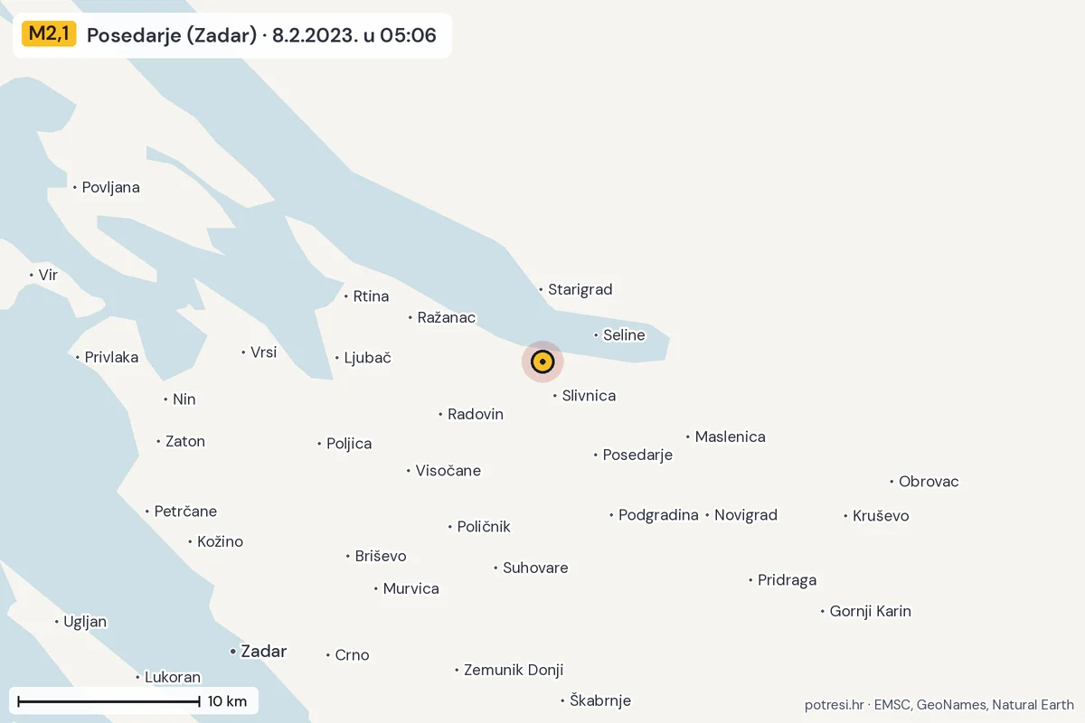 Karta: okolica epicentra, 60 km, potres M2,1, Posedarje (Zadar), 8.2.2023.