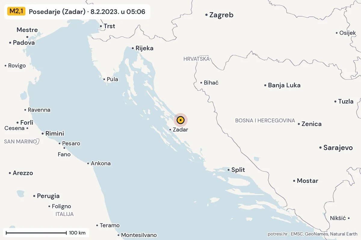 Karta: šire područje, 600 km, potres M2,1, Posedarje (Zadar), 8.2.2023.