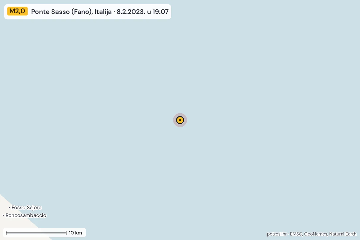 Karta: okolica epicentra, 60 km, potres M2,0, Ponte Sasso (Fano), Italija, 8.2.2023.