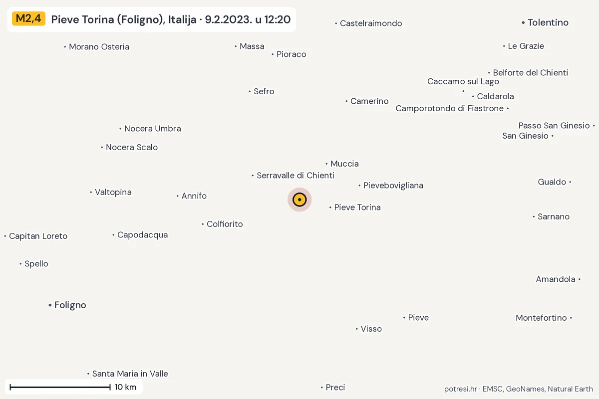 Karta: okolica epicentra, 60 km, potres M2,4, Pieve Torina (Foligno), Italija, 9.2.2023.