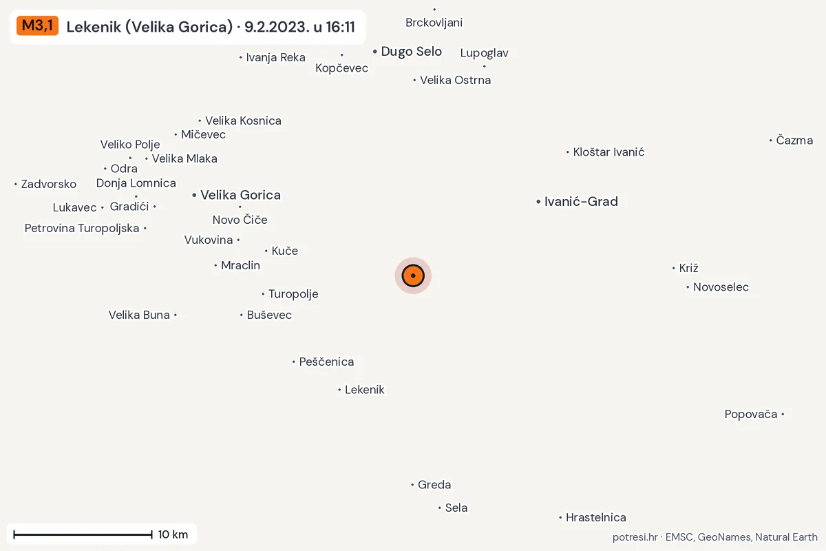 Karta: okolica epicentra, 60 km, potres M3,1, Lekenik (Velika Gorica), 9.2.2023.