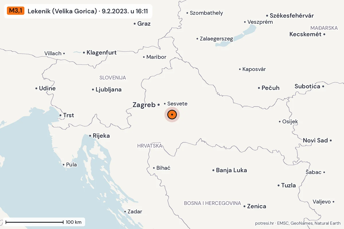 Karta: šire područje, 600 km, potres M3,1, Lekenik (Velika Gorica), 9.2.2023.
