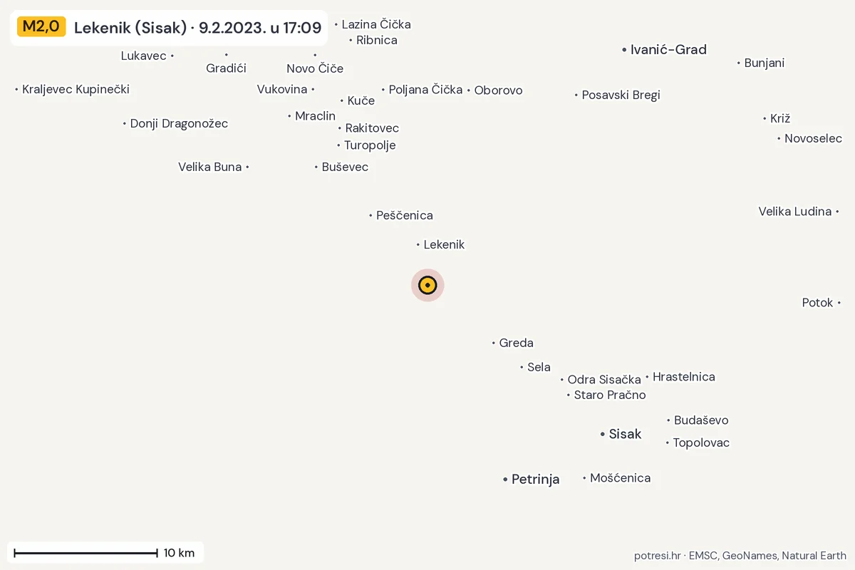 Karta: okolica epicentra, 60 km, potres M2,0, Lekenik (Sisak), 9.2.2023.