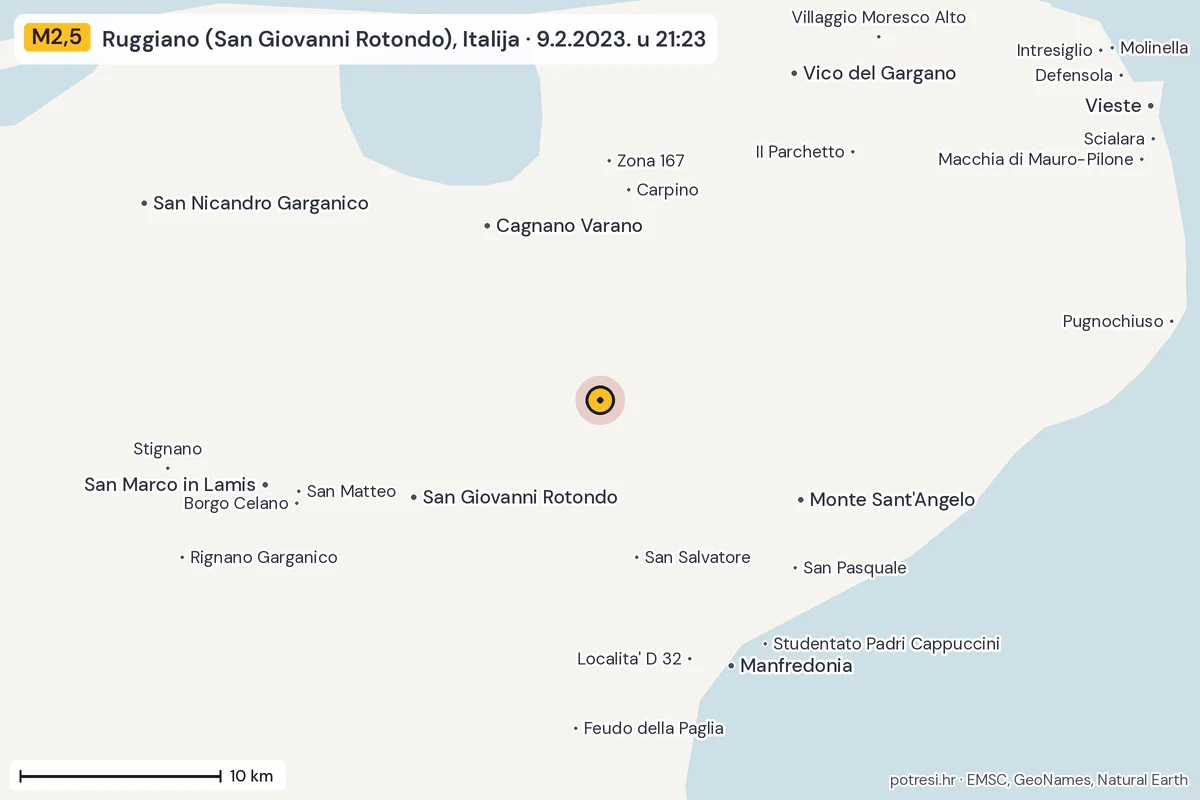 Karta: okolica epicentra, 60 km, potres M2,5, Ruggiano (San Giovanni Rotondo), Italija, 9.2.2023.