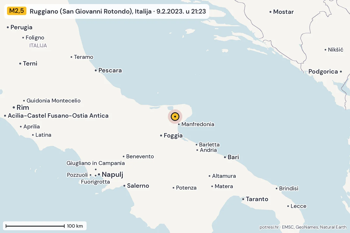 Karta: šire područje, 600 km, potres M2,5, Ruggiano (San Giovanni Rotondo), Italija, 9.2.2023.