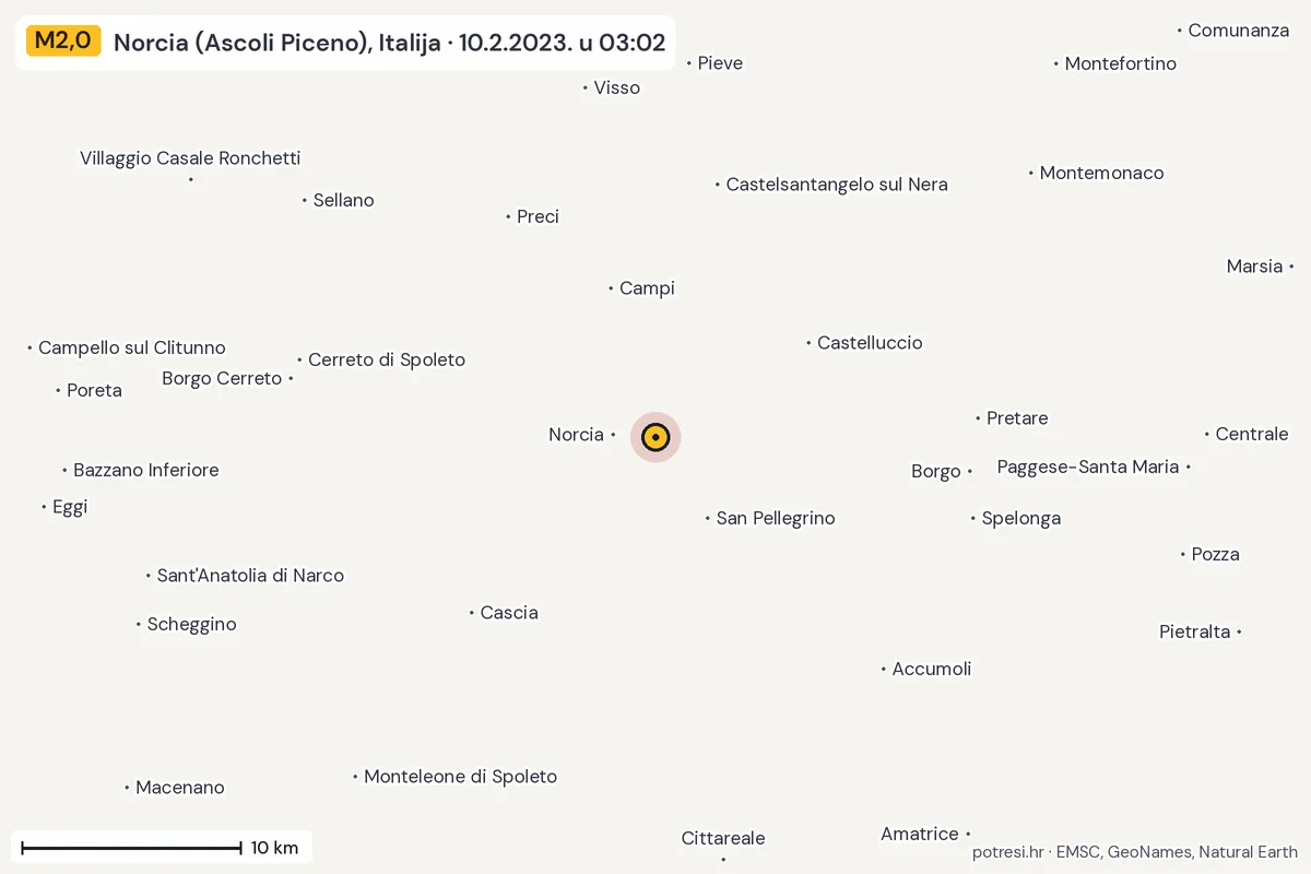 Karta: okolica epicentra, 60 km, potres M2,0, Norcia (Ascoli Piceno), Italija, 10.2.2023.