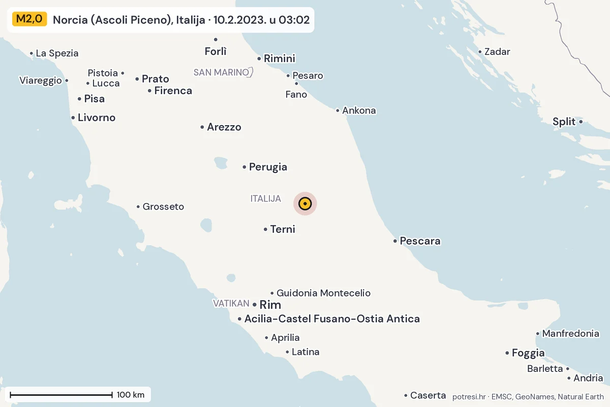 Karta: šire područje, 600 km, potres M2,0, Norcia (Ascoli Piceno), Italija, 10.2.2023.