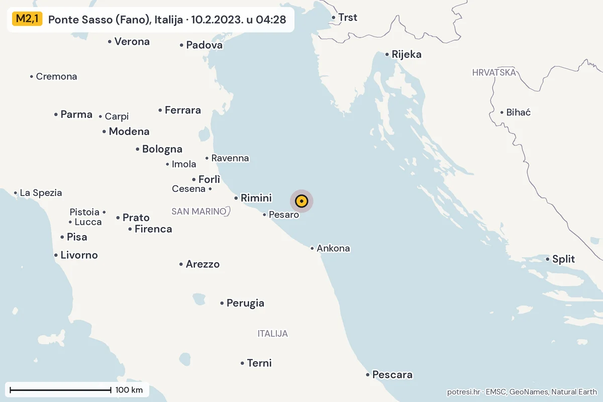 Karta: šire područje, 600 km, potres M2,1, Ponte Sasso (Fano), Italija, 10.2.2023.