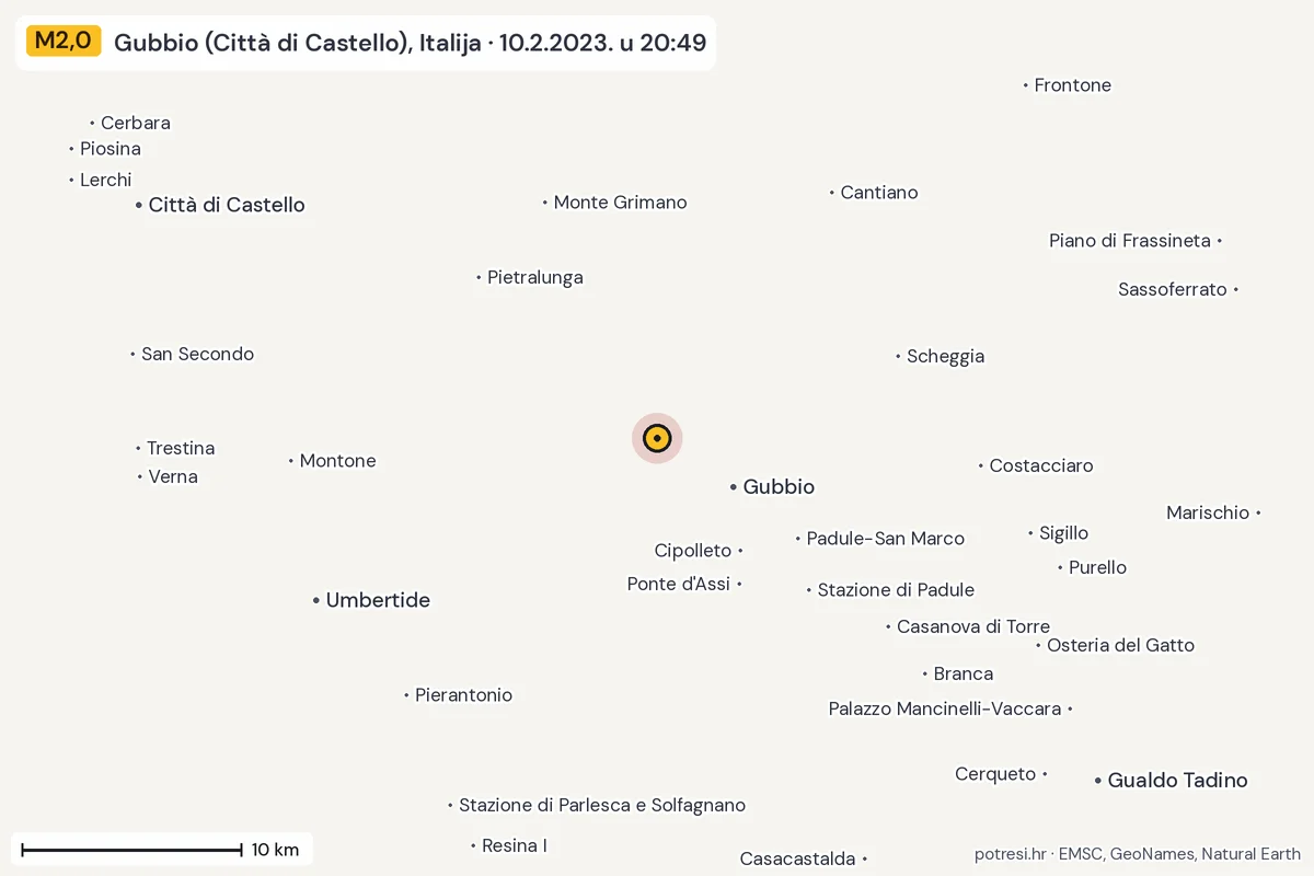 Karta: okolica epicentra, 60 km, potres M2,0, Gubbio (Città di Castello), Italija, 10.2.2023.