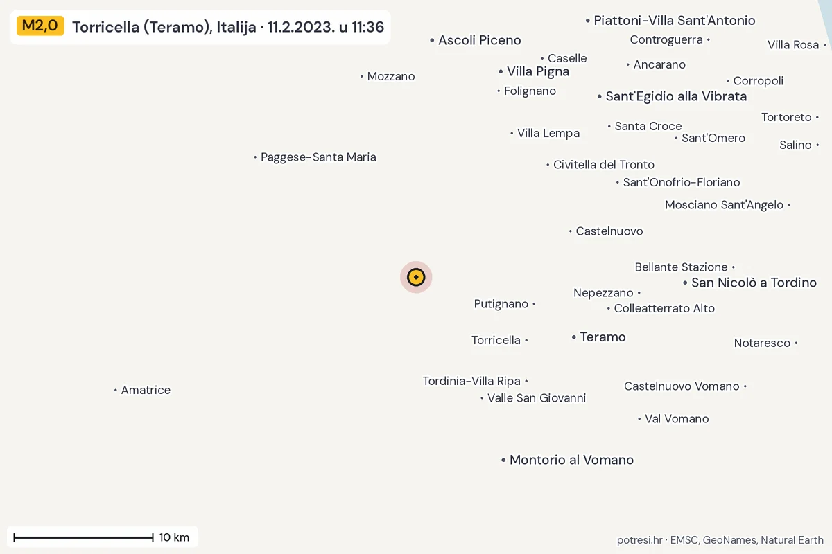 Karta: okolica epicentra, 60 km, potres M2,0, Torricella (Teramo), Italija, 11.2.2023.