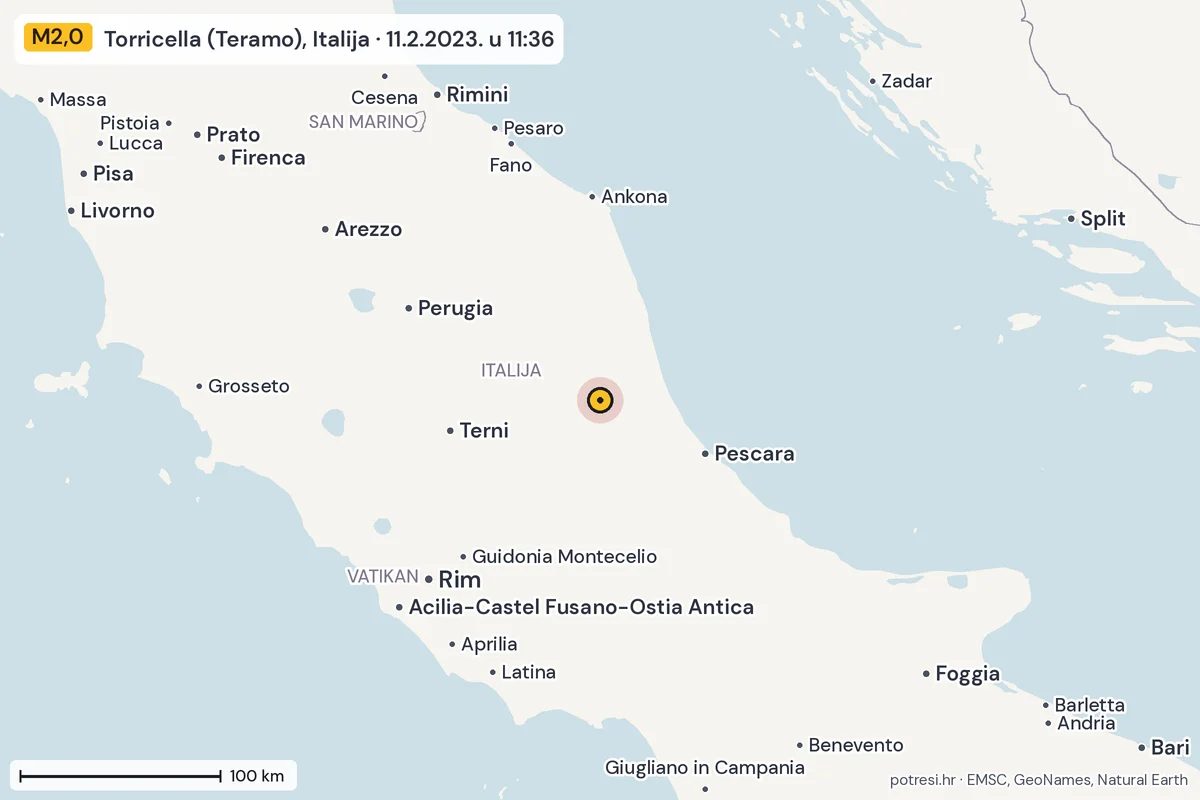 Karta: šire područje, 600 km, potres M2,0, Torricella (Teramo), Italija, 11.2.2023.