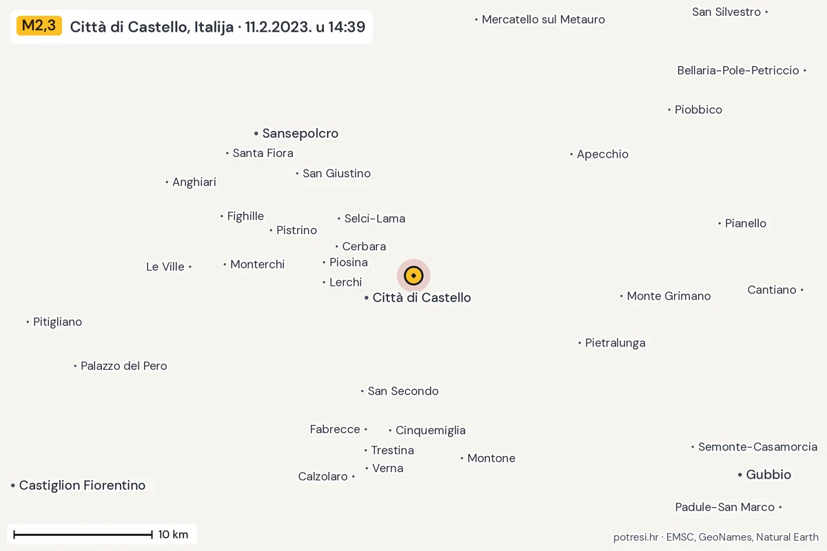 Karta: okolica epicentra, 60 km, potres M2,3, Città di Castello, Italija, 11.2.2023.