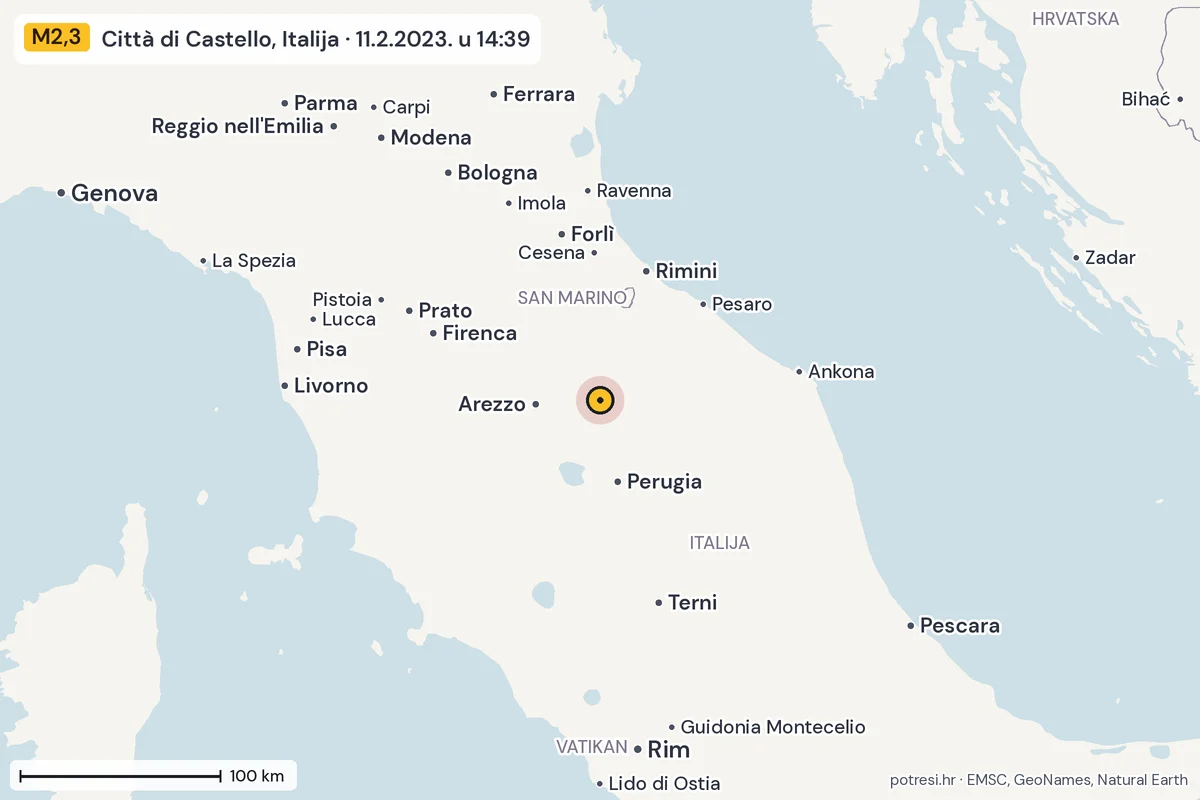 Karta: šire područje, 600 km, potres M2,3, Città di Castello, Italija, 11.2.2023.