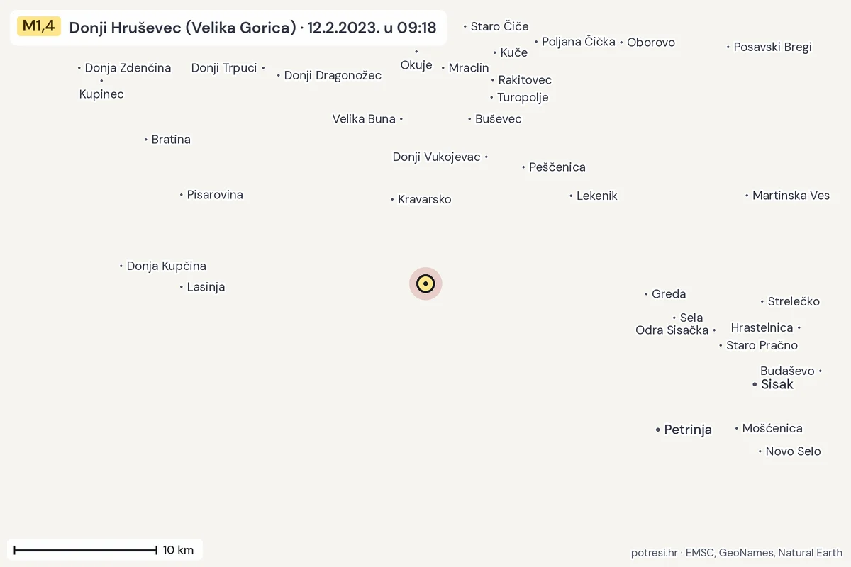 Karta: okolica epicentra, 60 km, potres M1,4, Donji Hruševec (Velika Gorica), 12.2.2023.
