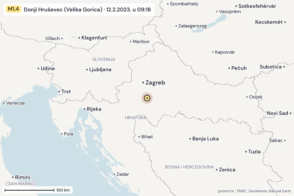 Karta: šire područje, 600 km, potres M1,4, Donji Hruševec (Velika Gorica), 12.2.2023.