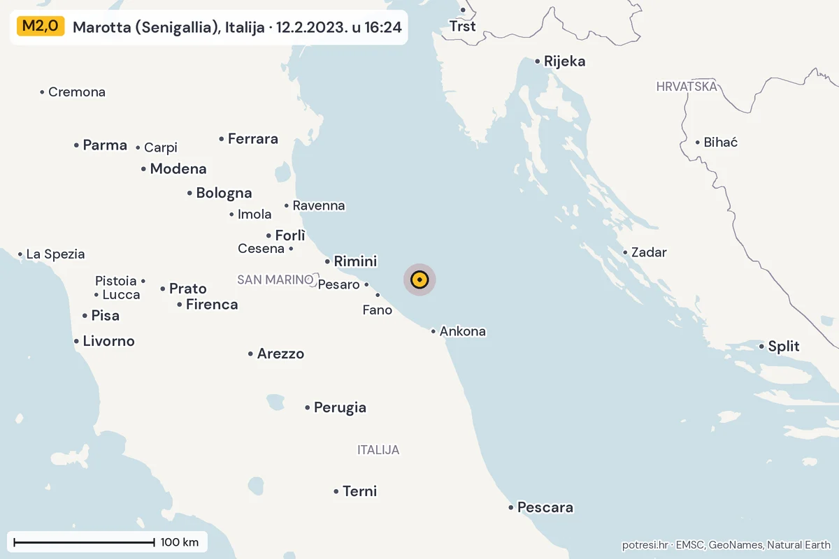 Karta: šire područje, 600 km, potres M2,0, Marotta (Senigallia), Italija, 12.2.2023.