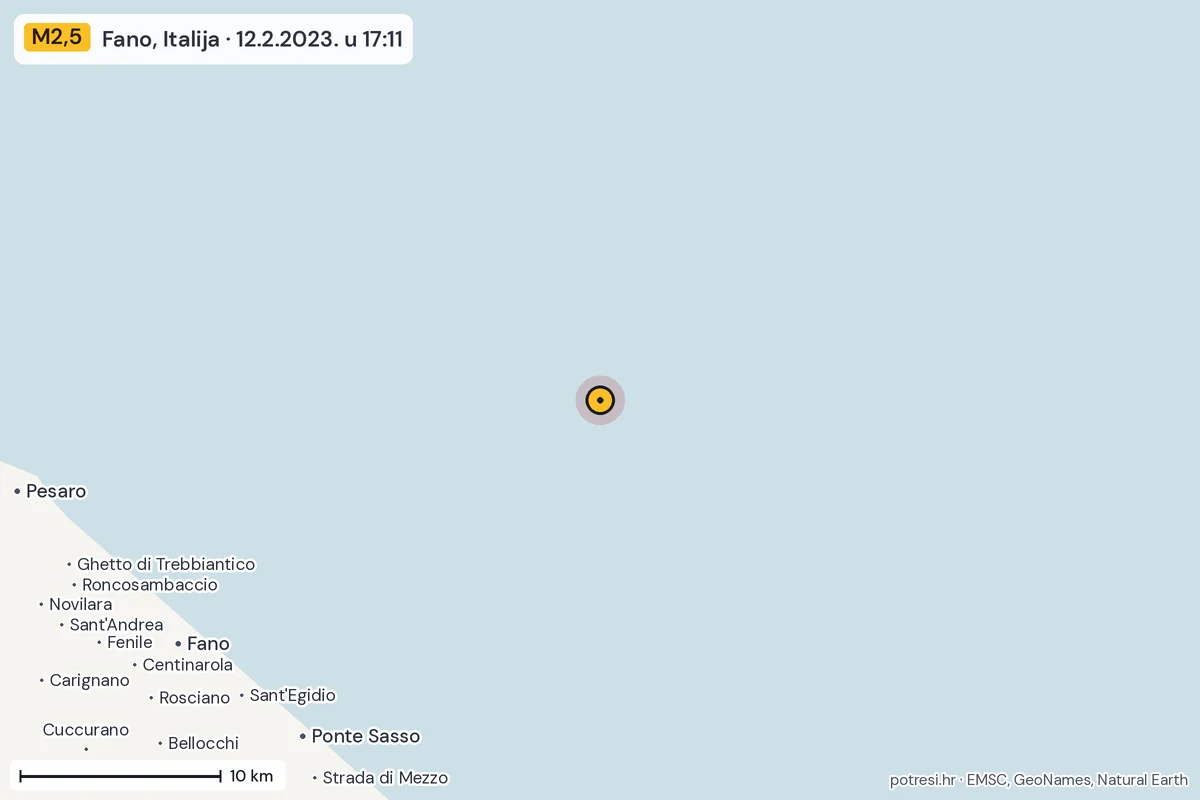 Karta: okolica epicentra, 60 km, potres M2,5, Fano, Italija, 12.2.2023.