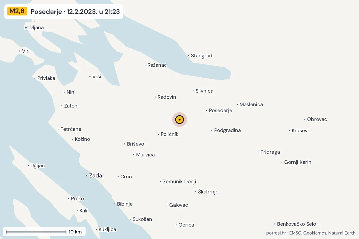 Karta: okolica epicentra, 60 km, potres M2,6, Posedarje, 12.2.2023.