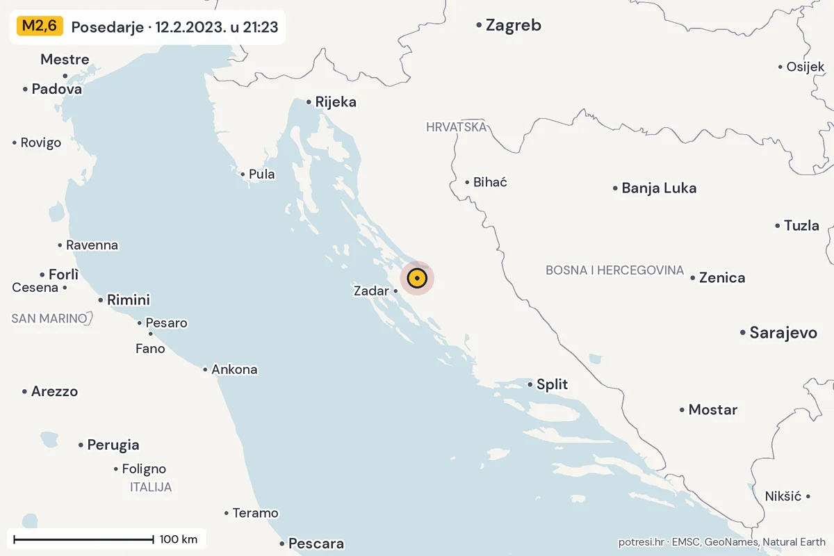 Karta: šire područje, 600 km, potres M2,6, Posedarje, 12.2.2023.