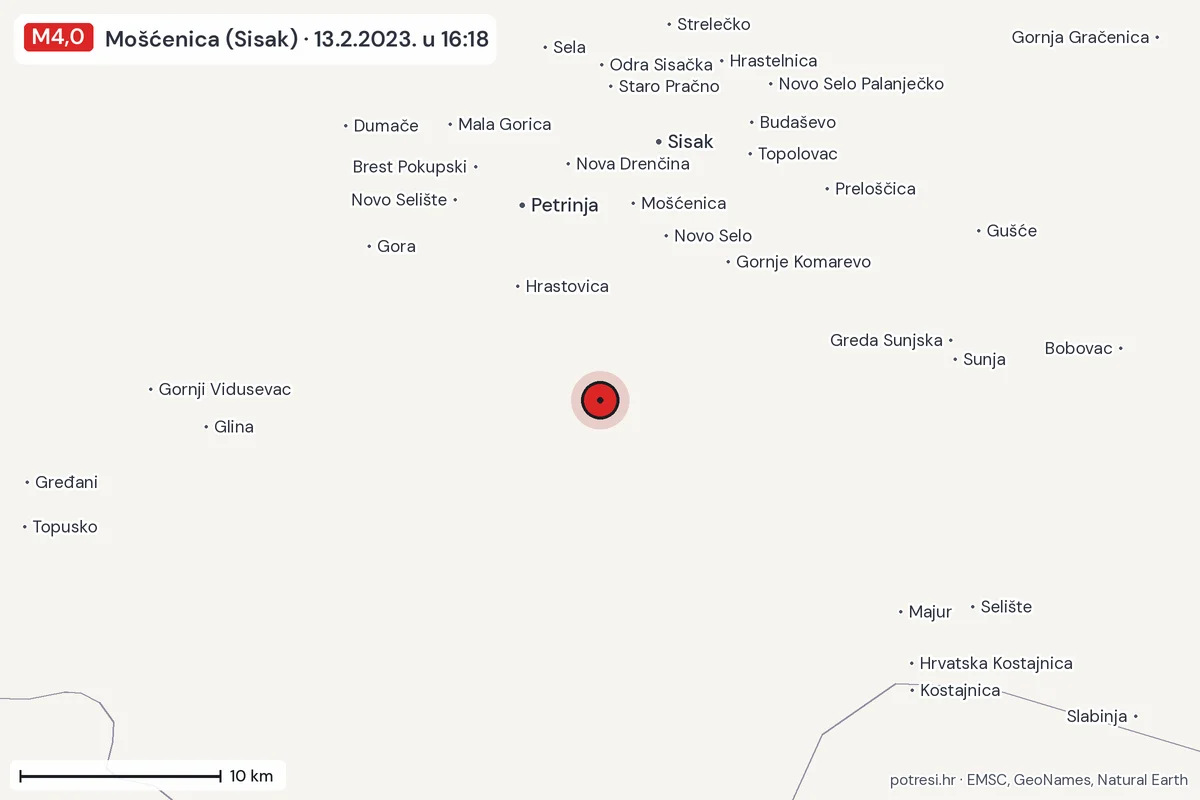 Karta: okolica epicentra, 60 km, potres M4,0, Mošćenica (Sisak), 13.2.2023.