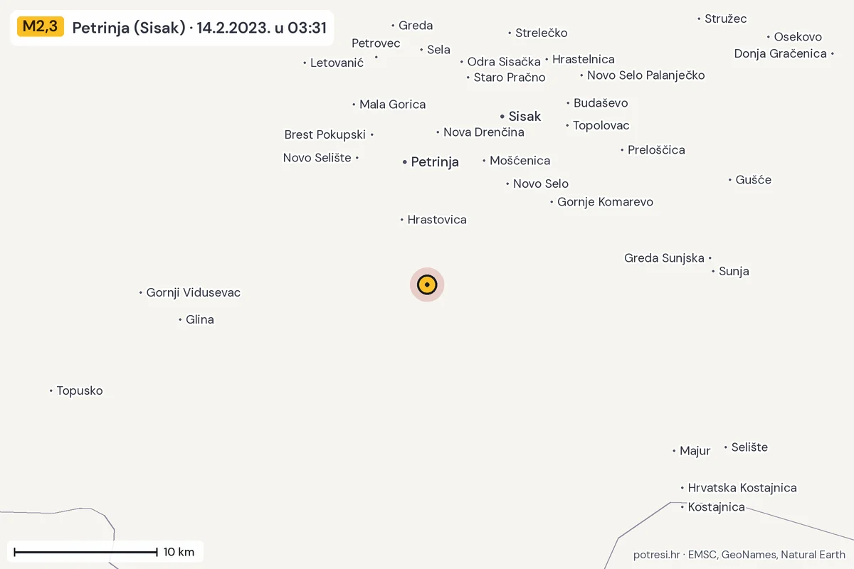 Karta: okolica epicentra, 60 km, potres M2,3, Petrinja (Sisak), 14.2.2023.