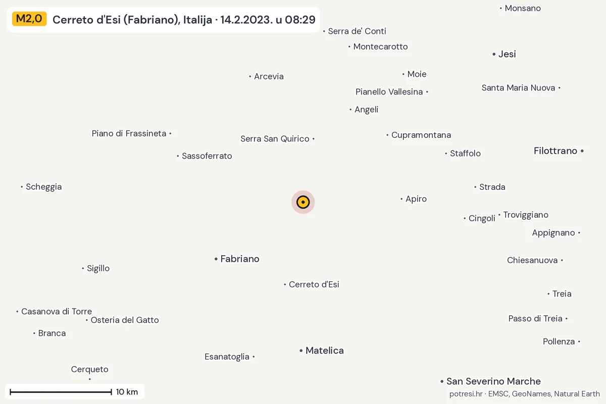 Karta: okolica epicentra, 60 km, potres M2,0, Cerreto d'Esi (Fabriano), Italija, 14.2.2023.