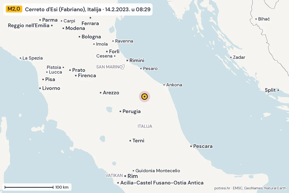 Karta: šire područje, 600 km, potres M2,0, Cerreto d'Esi (Fabriano), Italija, 14.2.2023.