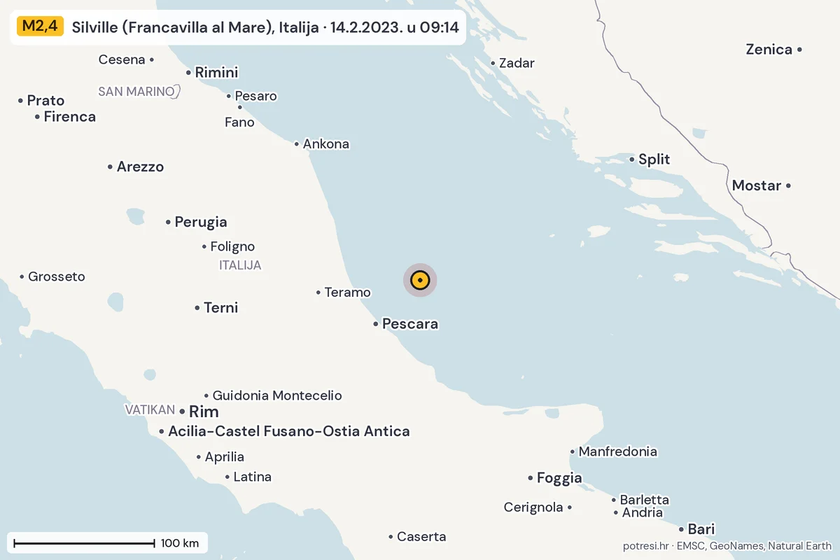 Karta: šire područje, 600 km, potres M2,4, Silville (Francavilla al Mare), Italija, 14.2.2023.
